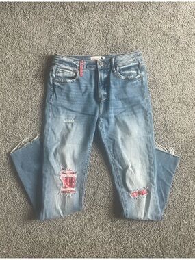 DRIFTWOOD Light Blue Distressed Boyfriend Jeans with Red Patch Detail
